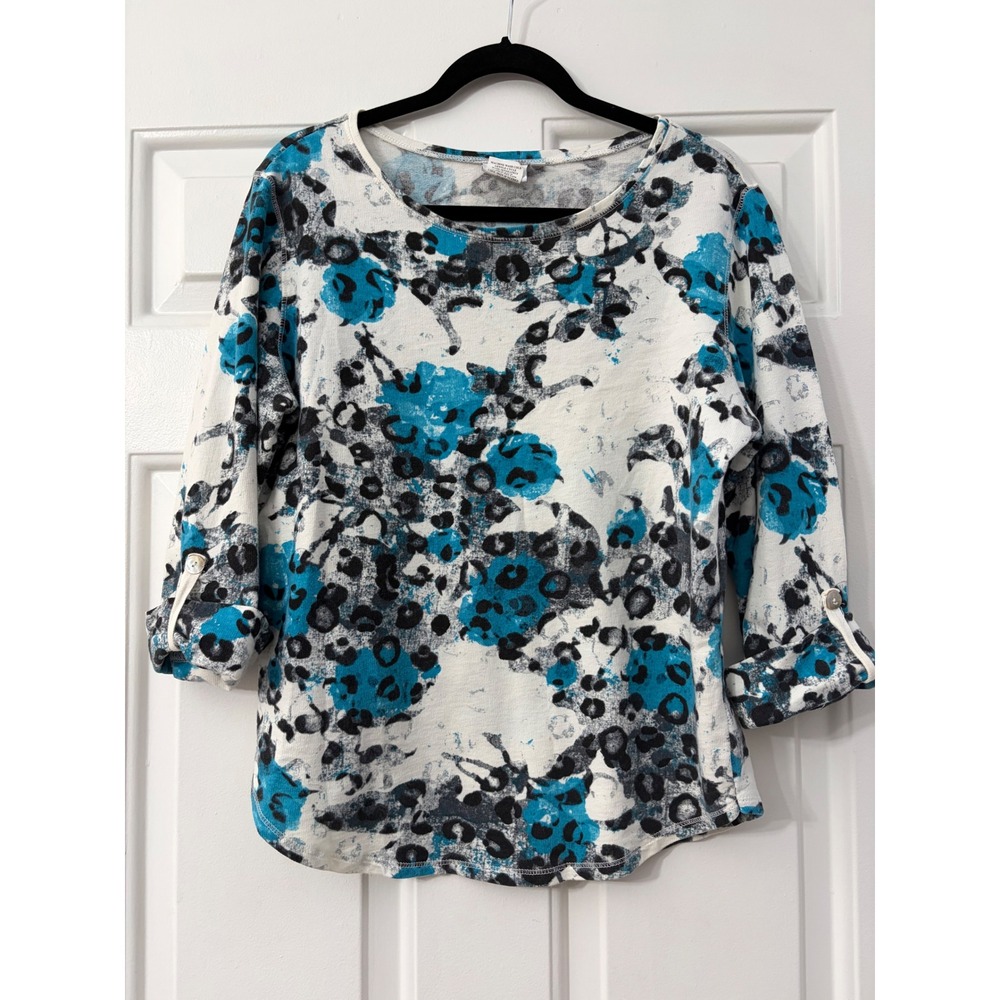 Hot Cotton | Blue White, Leopard Print 3/4 Sleeve Tab Top | Large ||